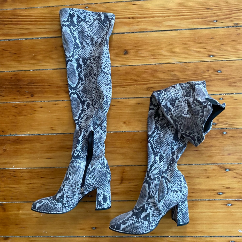 Faux suede snake print thigh high heeled boots